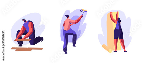 Set of Men and Women with Tools Repair Home. Call Master at Work Install Laminate  Husband for an Hour Service. Female Characters Painting Walls and Glue Wallpapers. Cartoon People Vector Illustration