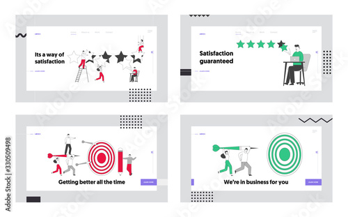 Internet Service Rating, Ranking and Clients Feedback, Business Targeting Landing Page Template Set. Business People Characters Playing Darts, Challenge, Task Solution. Linear Vector Illustration