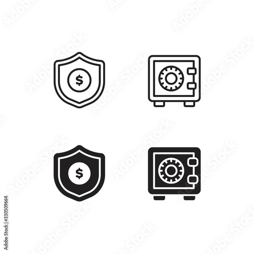 Money safe box and shield icon. Cut isolated vector in black designed over white background with dollar sign. Premium Vector