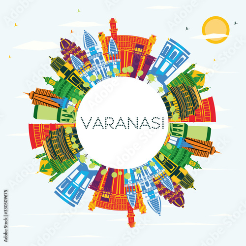 Varanasi India City Skyline with Color Buildings, Blue Sky and Copy Space.