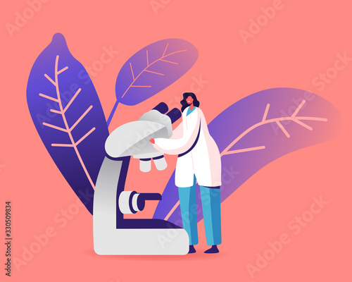 Female Character in White Medical Robe Look in Huge Microscope Learn Water Drop for Examination of Microplastic Pollution. Ecological Research, Micro Plastic Contamination. Cartoon Vector Illustration