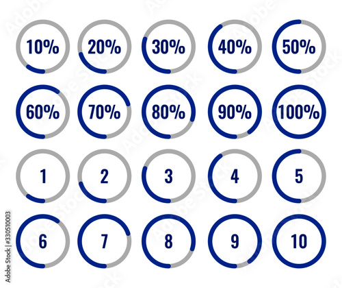 Set of circle percentage and countdown diagram fom 10-100 percent and 1-10. used for statistical infographic, loading, download and countdown meter preogress bar. flat style chart