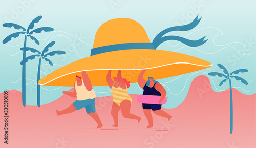 Summer Time Season, Vacation Concept. Tiny People Carry Huge Tropical Hat Enjoying Summertime Holidays, Relaxing on Beach. Characters Playing on Seaside of Exotic Resort. Cartoon Vector Illustration