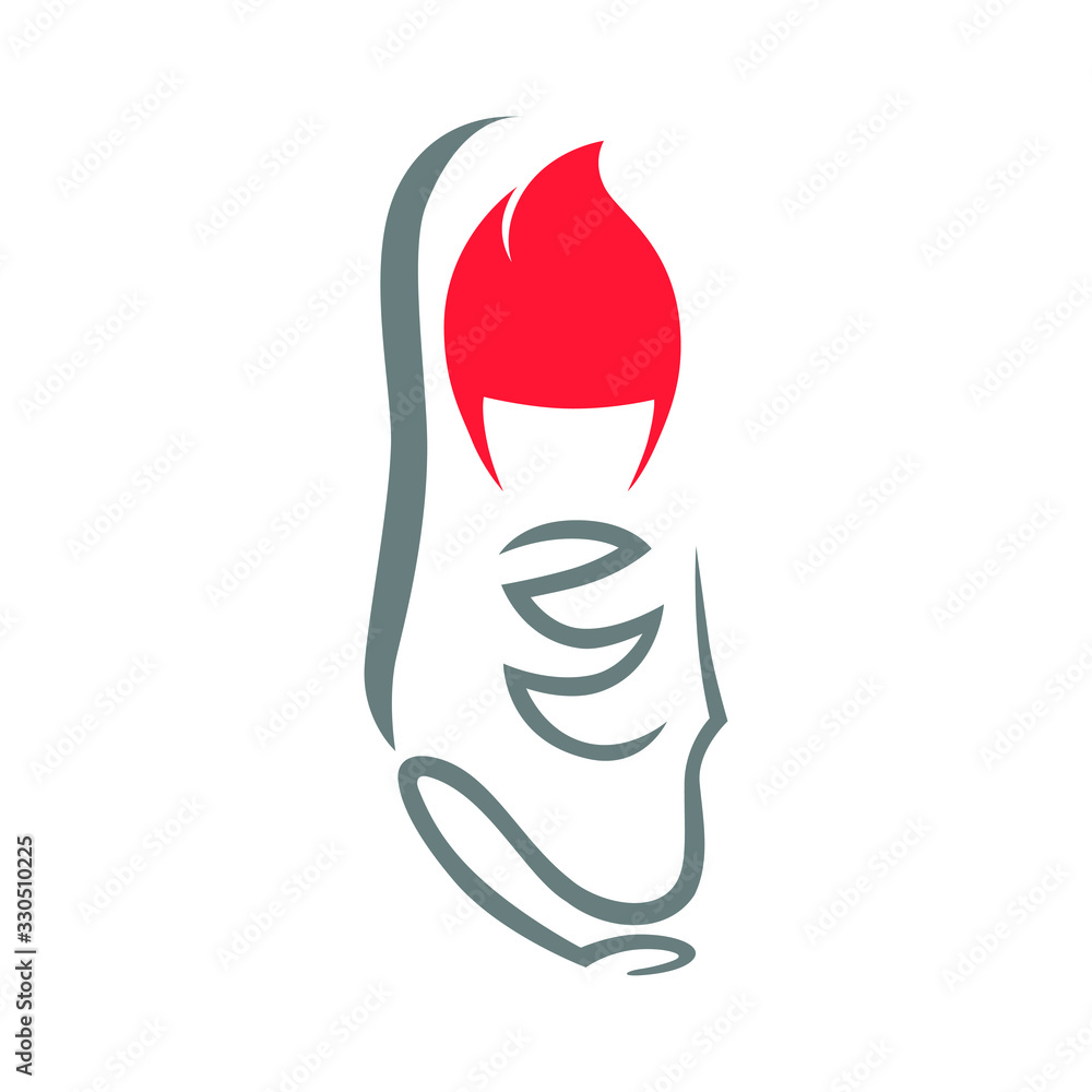 Running shoe with a flame symbol on white backdrop. Design element