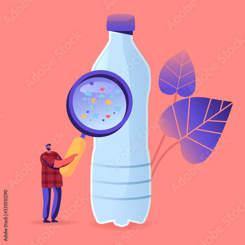 Tiny Male Character with Huge Magnifying Glass Looking at Bottle with Microplastic Pieces Floating in Drinking Water. Ecological and Earth Nature Pollution Problem Concept. Cartoon Vector Illustration