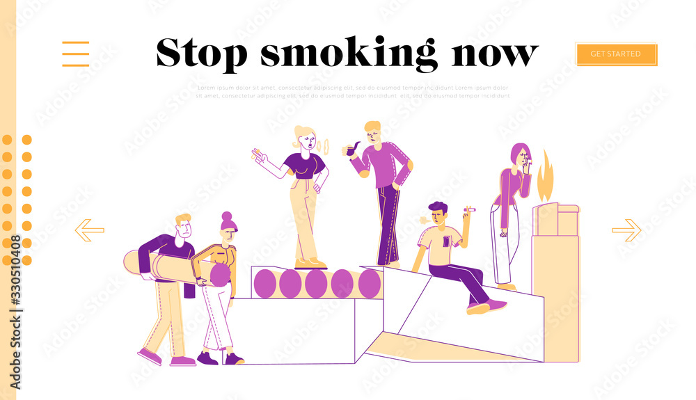 Smokers and Smoking Addiction Landing Page Template. People Smoke near Huge Cigarettes Box. Young Man with Pipe in Public Place. Male and Female Characters Have Bad Habit. Linear Vector Illustration