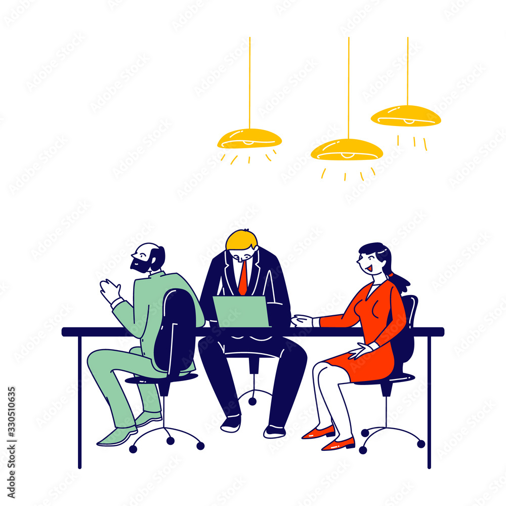 Business Board Meeting of Director and Employees in Office. Businesspeople Characters Brainstorming Group around Table Planing Start Up Project and Solving Finance Problems. Linear Vector Illustration