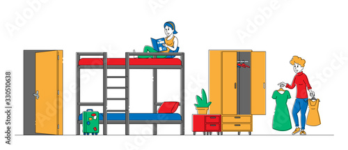 Young Female Characters Living in Hostel, Girl Reading Books Sitting on Bunk Bed, Roommate Choose Dress for Walking. Cheap Accommodation for Students and Tourists. Linear People Vector Illustration