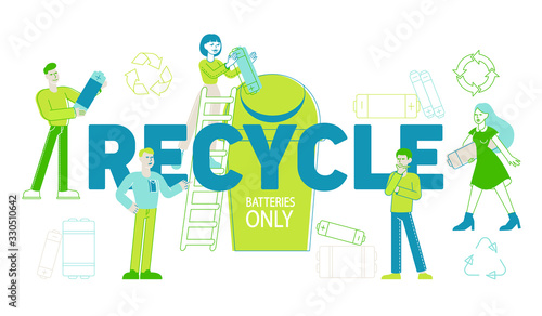 Battery Recycle Concept. People Characters Put Batteries Trash to Container, Disposal of Garbage, Clean Environment, Ecology Environmental Conservation Poster Banner Flyer. Linear Vector Illustration
