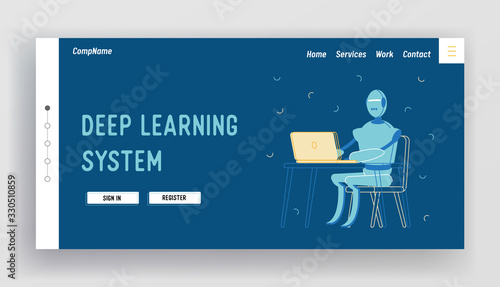 Artificial Intelligence Service in Human Life Landing Page Template. Robot Character Sitting at Desk with Computer Working in Office. Futuristic Technology, Automatization. Linear Vector Illustration