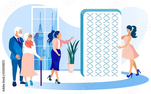 Women Shop Assistant and Presenter, Giving Presentation to Senior Couple, Looking for Orthopedic Mattress, in Trendy Showroom. Spacy Exhibition Hall. Window Facing Skyscrapers in Big City.
