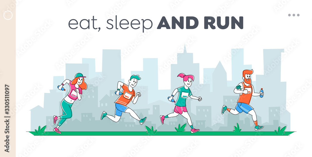 Sportsmen Characters Healthy Jogging Lifestyle Landing Page Template. People in Sports Wear Running City Marathon on Cityscape Background. Summertime Outdoor Sport Activity. Linear Vector Illustration