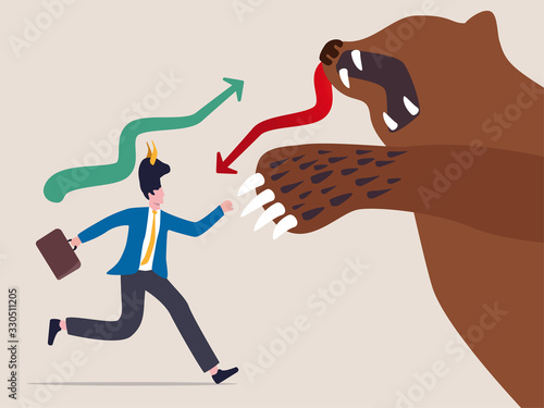 Bear market fighting with bull market, financial stock market concept, businessman wearing bull head hat fighting with huge bear with claws and green arrow rising graph and red plunging down arrow.
