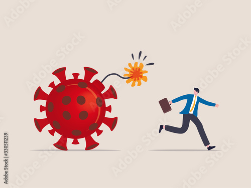 COVID-19 coronavirus outbreak destroy financial and business, virus world pandemic count down detonation concept, businessman run away from detonated counting down virus pathogen bomb.