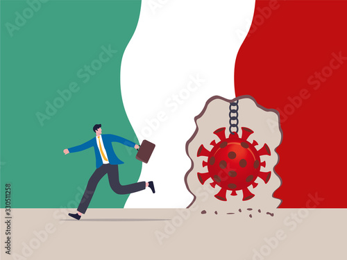 Virus disease outbreak protection failure, COVID-19 virus destroy and break the wall into Italy concept, wrecking ball as COVID-19 pathogen destroy and demolish Italy flag wall, business man run away.