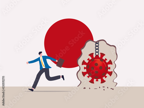 Virus disease outbreak protection failure, COVID-19 virus destroy and break the wall into Japan concept, wrecking ball as COVID-19 pathogen destroy and demolish Japan flag wall, business man run away.