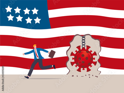 Virus disease outbreak protection failure, COVID-19 virus destroy and break the wall into USA concept, wrecking ball as COVID-19 pathogen destroy United States America flag wall, business man run away