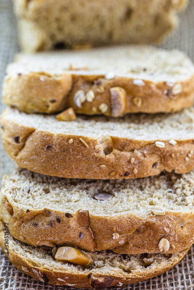 sliced ​​bread, homemade chestnut, oat and flaxseed bread.