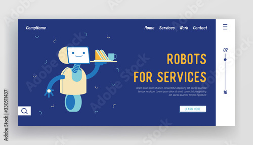 Robot Service, Artificial Intelligence Landing Page Template. Ai Waiter Robotic Assistant Character Serving Clients in Cafe or Restaurant. Bot with Sandwich and Cup on Tray. Linear Vector Illustration