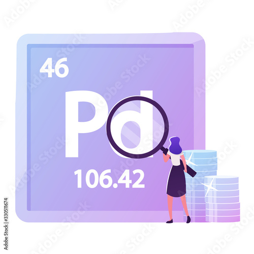 Tiny Female Character Looking through Huge Magnifying Glass at Palladium Mendeleev Table Chemical Element. People Using Pd Metal in Life. Laboratory Research, Chemistry. Cartoon Vector Illustration