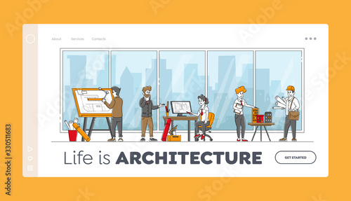 Architects Building and Engineering Construction Works Landing Page Template. Engineer Characters Working on Project Painting Plan and Presenting Model of House. Linear People Vector Illustration
