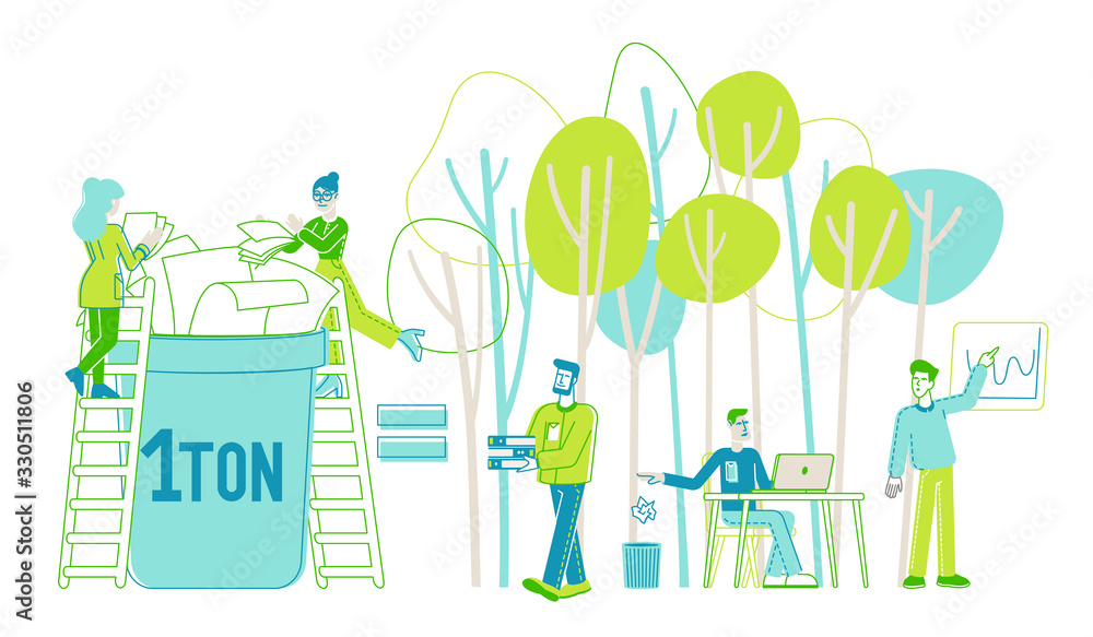Paper Saving, Stop Deforestation and Trees Cutting Concept. Tiny Male and  Female Characters Throw Paper Waste to Recycle Litter Bin for Reusing, Eco  Conservation. Linear People Vector Illustration Stock Vector | Adobe