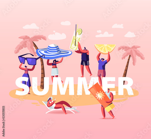 Summer Time Season Concept. People Enjoying Summertime Vacation, Relaxing on beach. Male and Female Characters Tanning on Seaside of Exotic Resort Poster Banner Flyer. Cartoon Vector Illustration