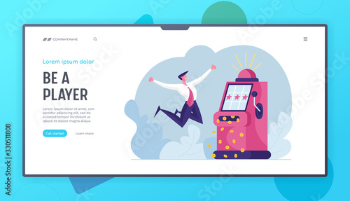 Financial Freedom Landing Page Template. Happy Man Screaming Super Excited Get Jackpot. Ecstatic Character Celebrate Success Under Money Rain Falling from Slot Machine. Cartoon Vector Illustration
