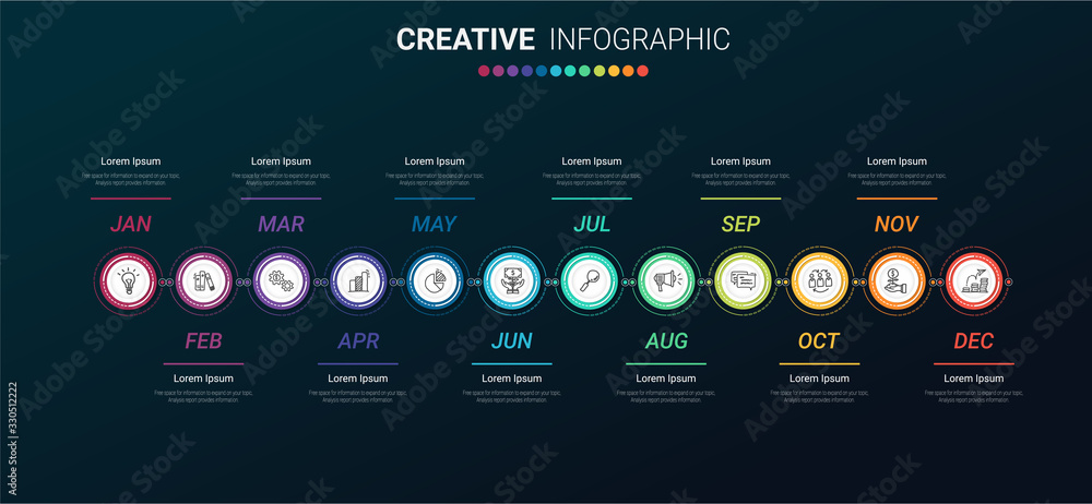 Timeline business for 12 months, 1 year, Timeline infographics design vector and Presentation business can be used for Business concept with 12 options, steps or processes. Timeline business for 12 months, 1 year, Timeline infographics design vector and Presentation business can be used for Business concept with 12 options, steps or processes.