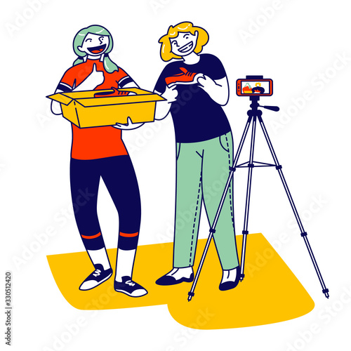 Girls Video Bloggers Characters Make Review for Internet Society Unpacking Box with Modern Shoes. Blogging Unboxing Broadcast, Expertise, Advertising Fashion Promo. Linear People Vector Illustration