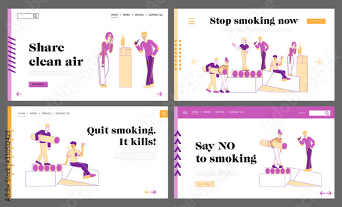 Smokers and Smoking Addiction Landing Page Template Set. Male and Female Characters Bad Habit. People Smoke near Huge Cigarettes Box. Young Man with Pipe in Public Place. Linear Vector Illustration