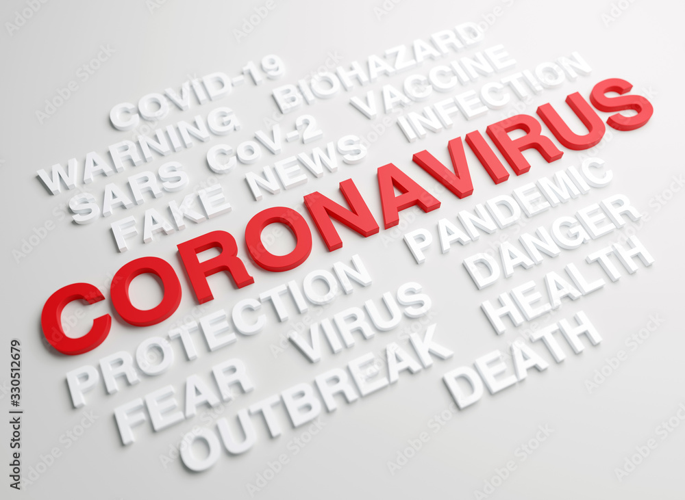 Coronavirus red text surrounded by words that relate to this topic, 3D render series Coronavirus red text surrounded by words that relate to this topic, 3D render series
