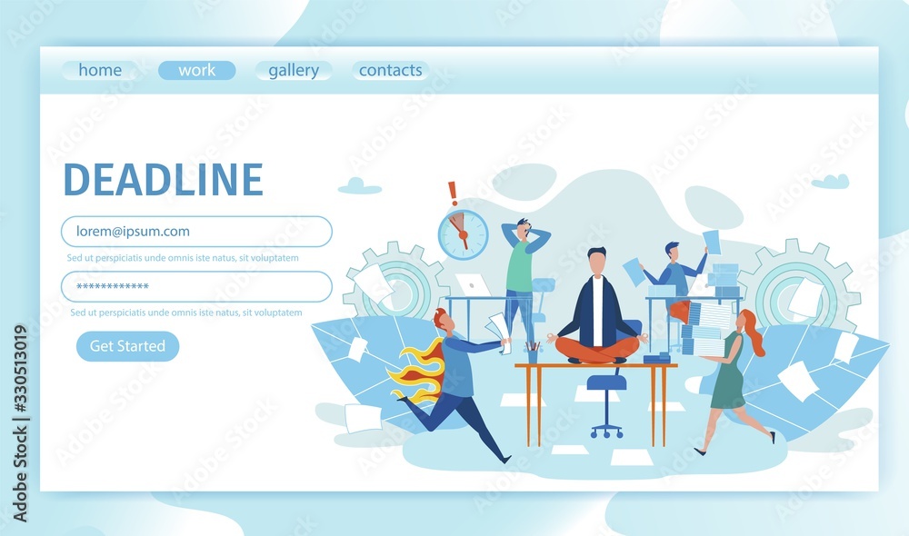 Flat Banner Rush with Deadlines Landing Page. Man Meditates Sitting on Desk in Office. People Panic and Run, Experiencing Strong Stress. Vector Illustration. Haste Worsens Quality Work.