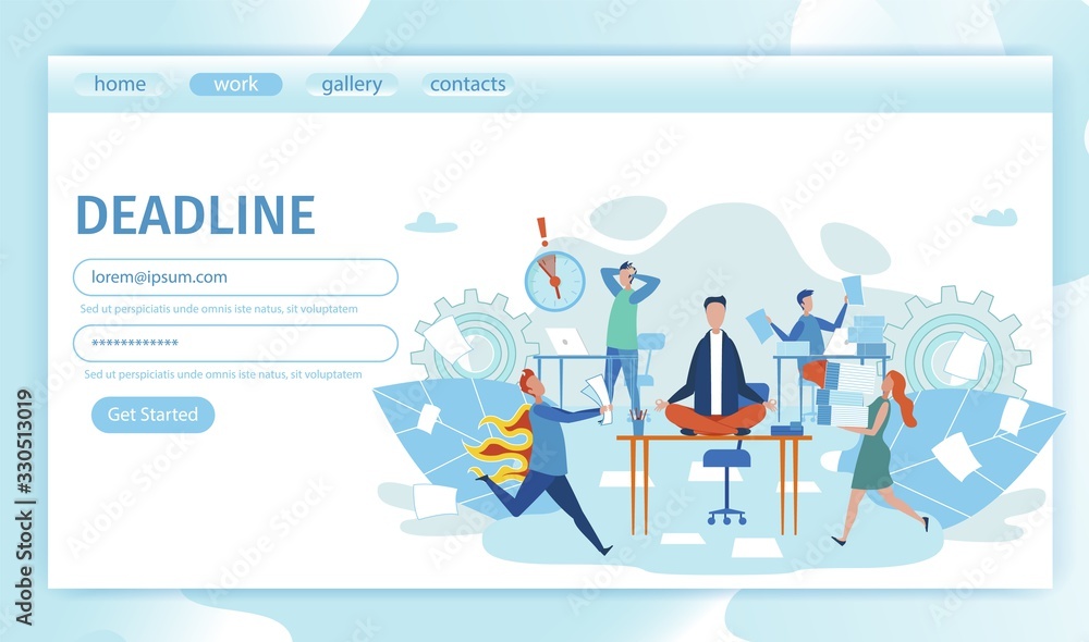 Flat Banner Rush with Deadlines Landing Page. Man Meditates Sitting on Desk in Office. People Panic and Run, Experiencing Strong Stress. Vector Illustration. Haste Worsens Quality Work. Flat Banner Rush with Deadlines Landing Page. Man Meditates Sitting on Desk in Office. People Panic and Run, Experiencing Strong Stress. Vector Illustration. Haste Worsens Quality Work.