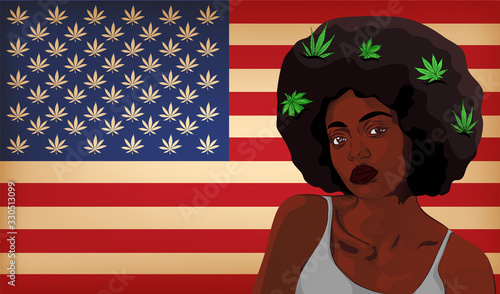 Afro hair style woman with cannabis leafs in her hair. Bubble speech. Usa flag with cannabis leaf on the background. Comics style vector image