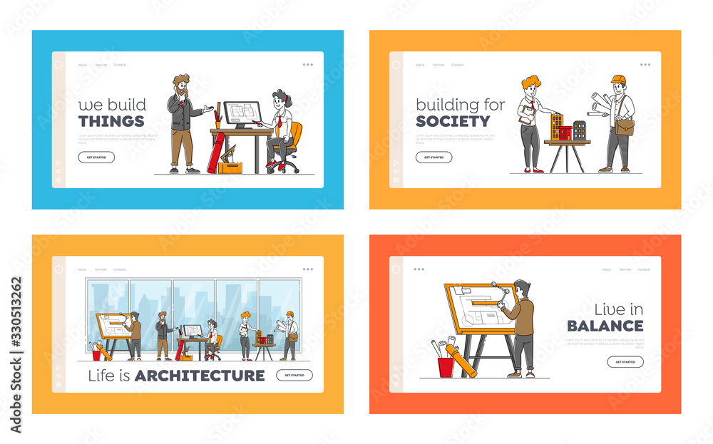 Architect and Engineer Occupation Landing Page Template Set. Designers Character Create Project for Building and Engineering Construction on Blueprint and Computer. Linear People Vector Illustration