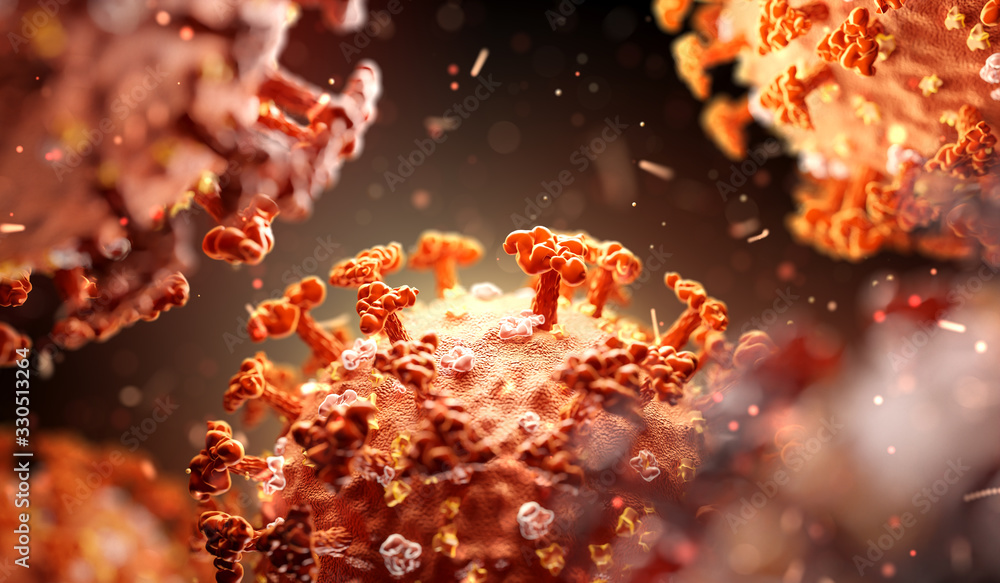 Concept of COVID-19 or SARS-CoV-2 or 2019-ncov Influenza flu virus coronavirus. 3D illustration Concept of COVID-19 or SARS-CoV-2 or 2019-ncov Influenza flu virus coronavirus. 3D illustration