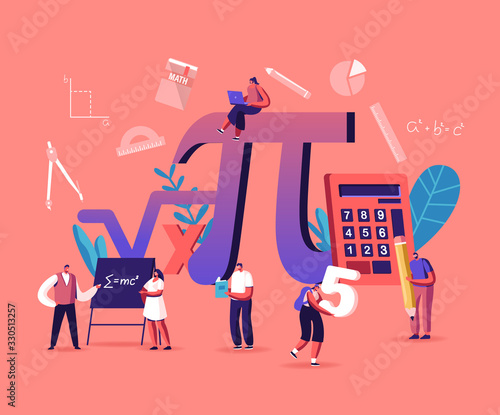 Math Science Concept. Tiny Male and Female Students Characters in Lab or School Class Learning Mathematics at Huge Sign Pi. People Gaining Education and Writing Formulas. Cartoon Vector Illustration