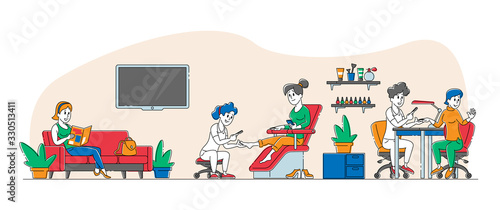 Young Woman Character Visiting Beauty Salon. Masters Doing Manicure and Pedicure for Girl in Barbershop Grooming Place. Fashion Club for Spa and Body Care Concept. Linear People Vector Illustration