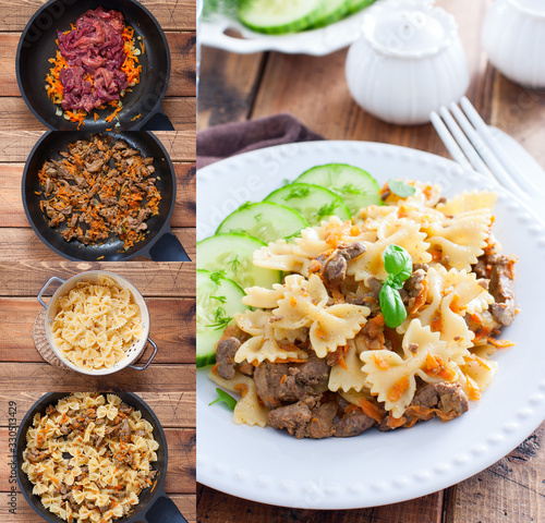 Farfalle step-by-step collage with fried chicken liver and carrots, selective focus