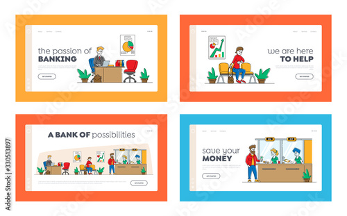 Banking Service Landing Page Template Set. People Characters Clients Visiting Bank, Waiting in Queue, Changing Money at Cashier. Office Employee or Banker Sitting at Desk. Linear Vector Illustration
