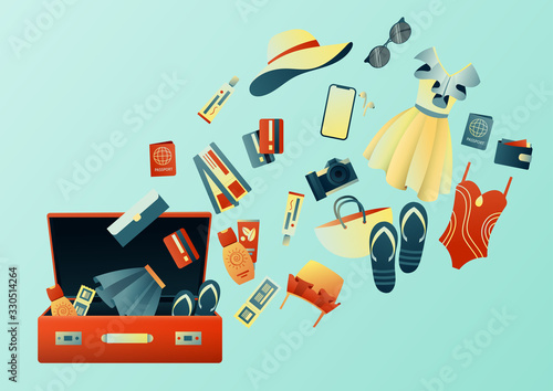Collecting a suitcase on a trip: clothes, documents, equipment. Travel stuff. Planning a summer vacation, tourism. Colorful trendy illustration. Flat design. Vector illustration