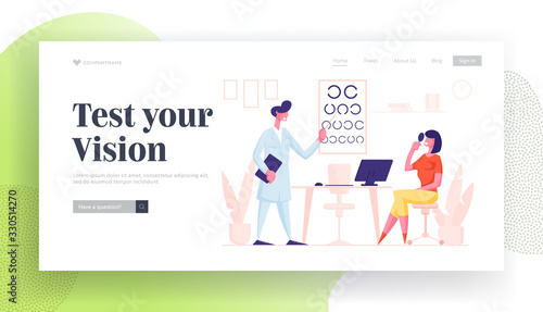 Professional Optician Exam Patient Vision Landing Page Template. Ophthalmologist Doctor Character Check Eyesight to Woman. Oculist with Pointer Checkup Eye Sight. Cartoon People Vector Illustration