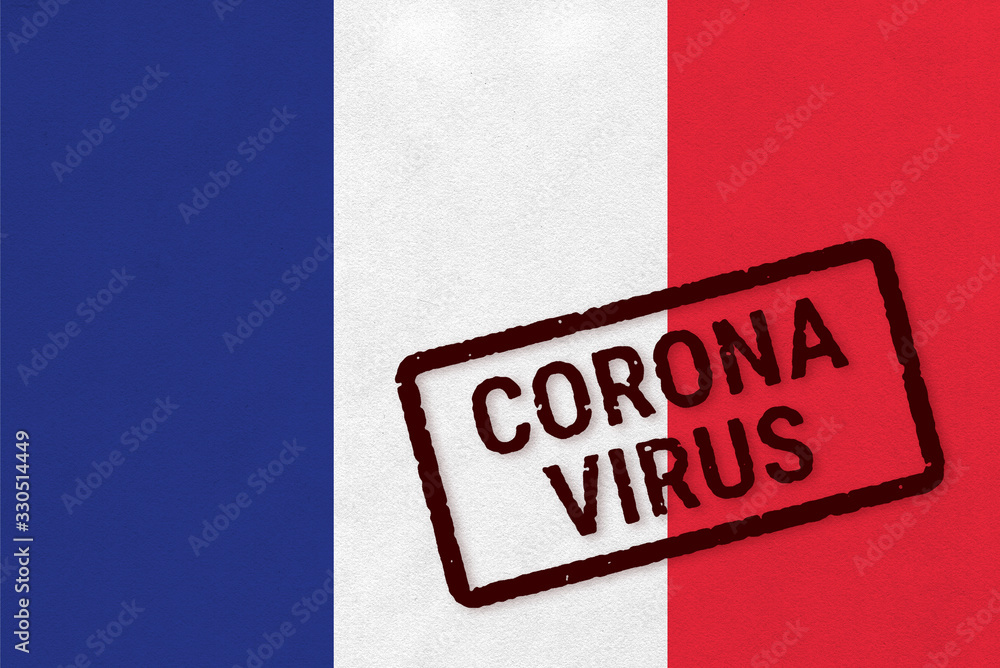 Obraz premium Flag of France on paper texture with stamp, banner of Coronavirus name on it. 2019 - 2020 Novel Coronavirus (2019-nCoV) concept, for an outbreak occurs in the France.