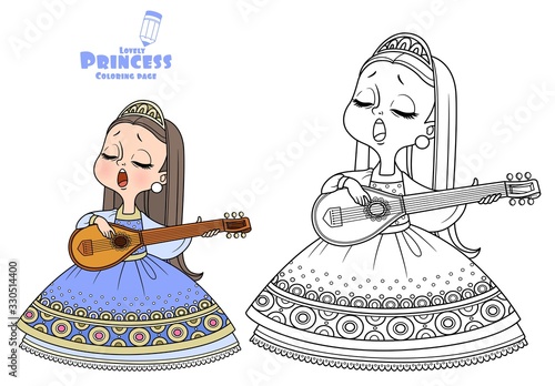 Cute princess sings and plays the lute outlined and color for coloring book