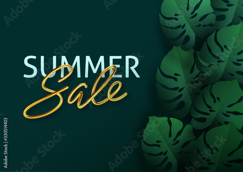 Hello summer, summertime, sale. Text poster against the background of tropical plants. Palm leaves, jungle leaf and gold lettering. The poster for sale and an advertizing sign. Vector illustration