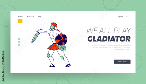 Legionary Soldier, Roman Warrior Gladiator Fighting on Coliseum Arena Landing Page Template. Ancient History,Tale or Show for Audience with Spartan Male Character Fight. Linear Vector Illustration