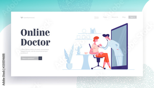 Online Medicine Landing Page Template. Friendly Doctor Character Listen Woman Patient Heart Beating through Huge Smartphone Screen. Health Care Mobile Application. Cartoon People Vector Illustration