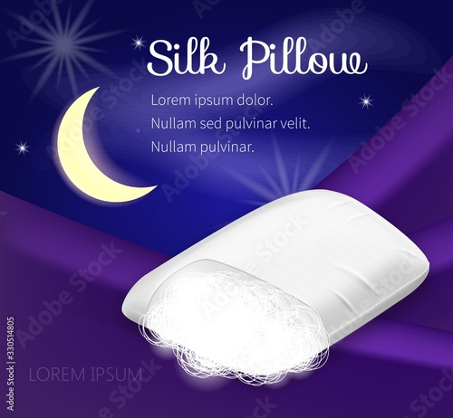 Silk Filling White Pillows on Purple Background. Month and Stars. Cotton Surface. Orthopedic Pillow. Healthy Sleep in Night. Galaxy Background. Sweet Dreams. Anatomical Form. Vector Illustration.