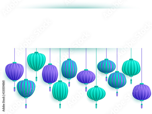 Chinese lanterns traditional decoration vector illustration. Turquoise violet holiday graphic design, banner, card, poster background with traditional paper lanterns hanging and text place frame